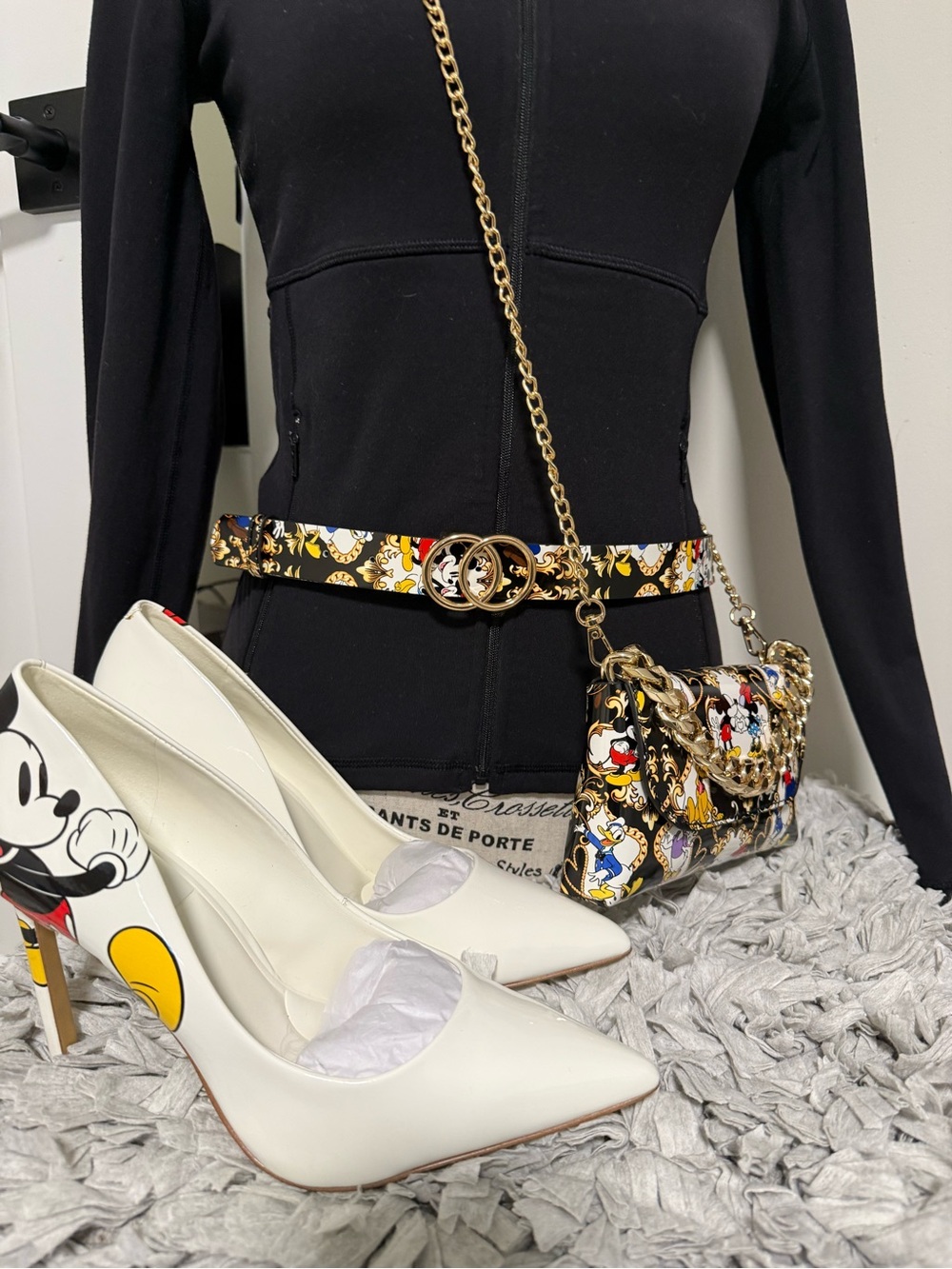 Disney x Aldo White Pointed-Toe Heels, belt and bag with Mickey Pop Graphic